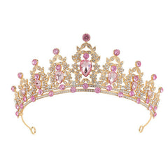 Gold bride headdress baroque crown with pink rhinestones and alloy material
