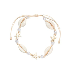 Starfish shell anklet with pearls on adjustable waterproof wax line for women