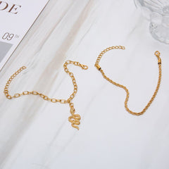 Gold double circle anklet set with fashion twist snake pendant design
