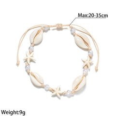 Adjustable white starfish shell anklet with pearl and waterproof wax line for women