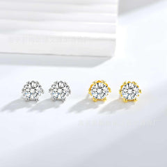 Silver and gold brass zircon stud earrings with six-claw setting in classic style