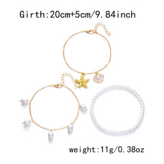 Starfish conch shell and pearl multi layer anklets set with gold chains and white pearls