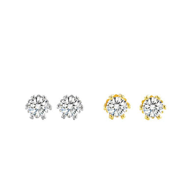 Brass zircon stud earrings in silver and gold with classic six-claw setting