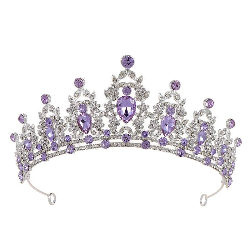 Silver baroque bride headdress crown adorned with purple rhinestones and diamonds