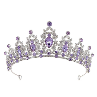 Silver baroque bride headdress crown adorned with purple rhinestones and diamonds