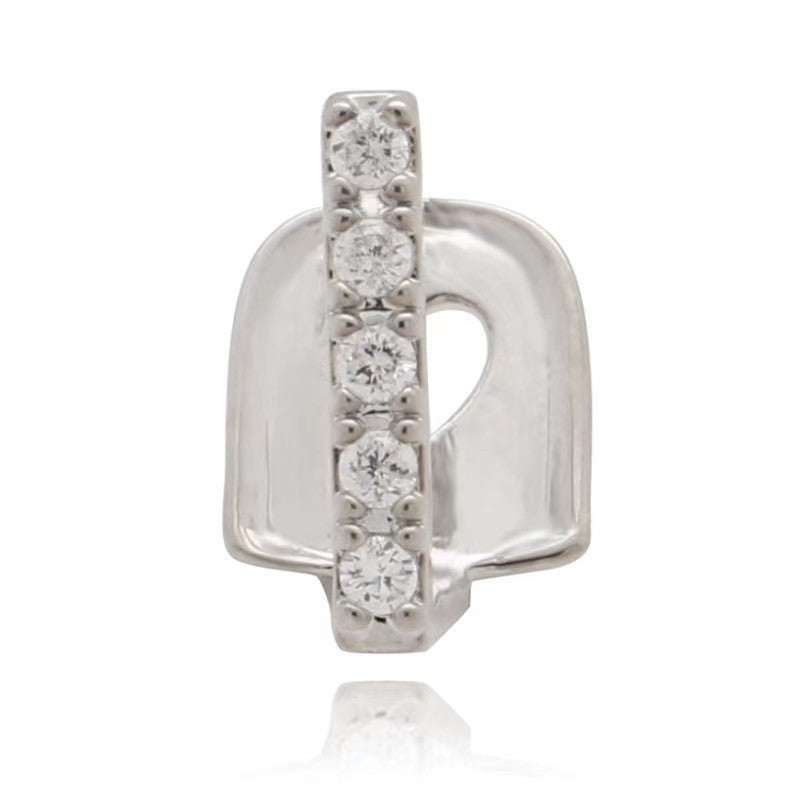 Close-up of silver zircon Teeth Joint dental accessory with five rhinestones