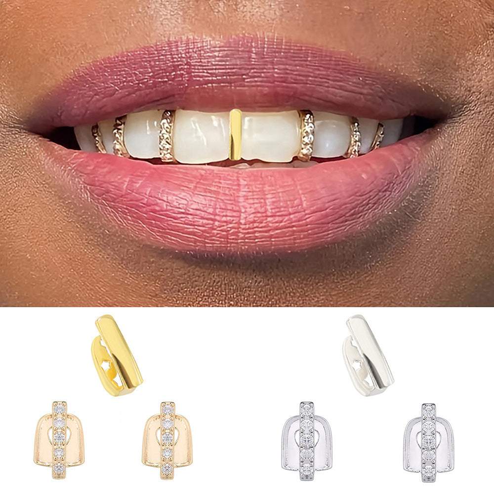 Close-up of lips wearing hip hop style three-piece gold and silver teeth joint grill accessories