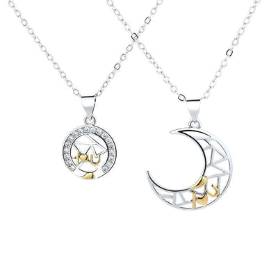 Sun and moon tooth couple necklace with copper pendant and cross chain for men and women