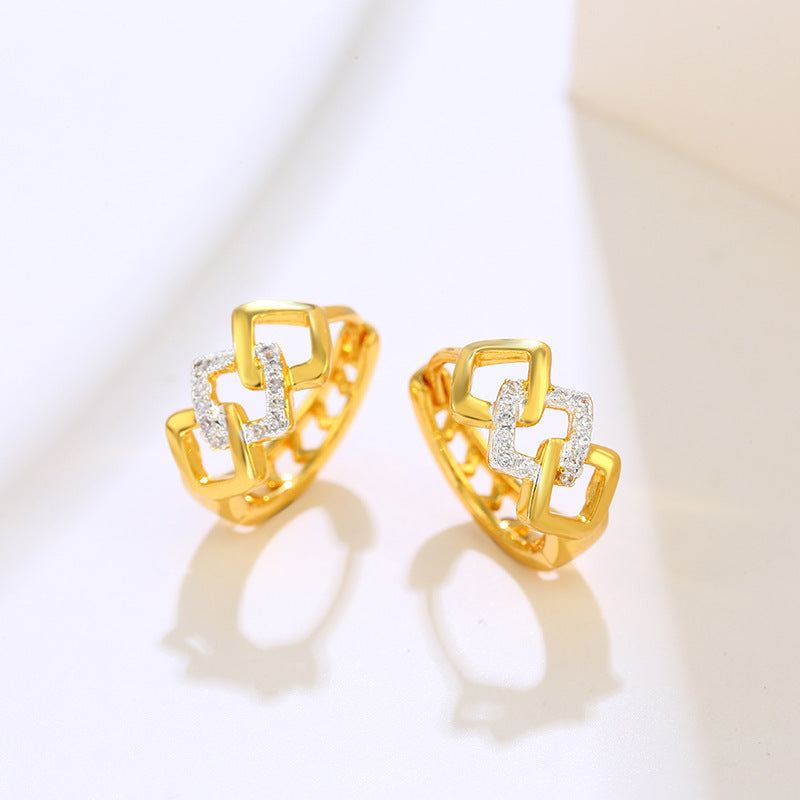 Elegant geometric electroplating earrings with gold and silver color separation and hollow-out design