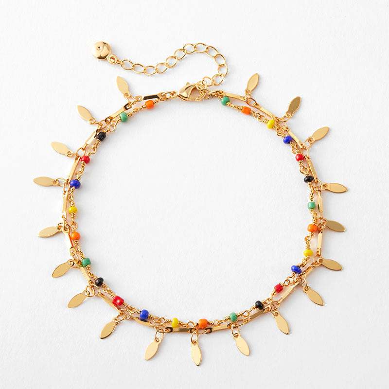 Beach layered retro copper plated 18K gold colorful beaded anklet with charm accents