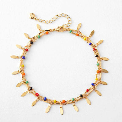 Beach layered retro copper plated 18K gold colorful beaded anklet with charm accents