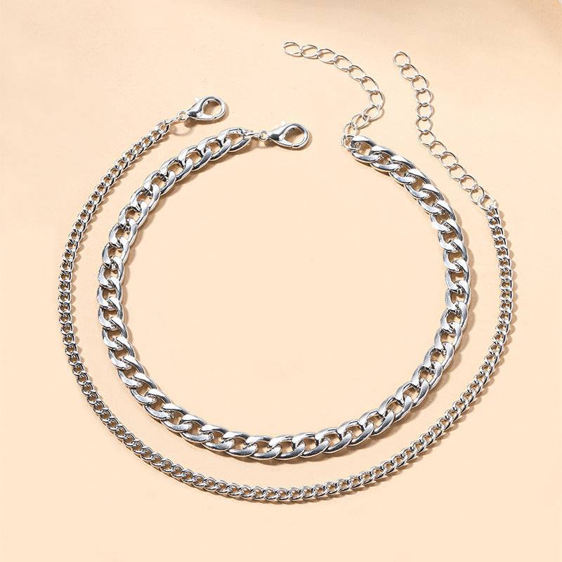 Fashion simple chain double-circle silver anklet set for women, geometric alloy design