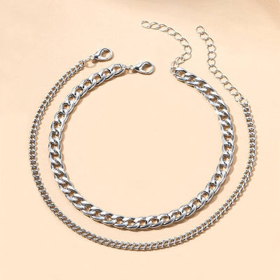 Fashion simple chain double-circle silver anklet set for women, geometric alloy design