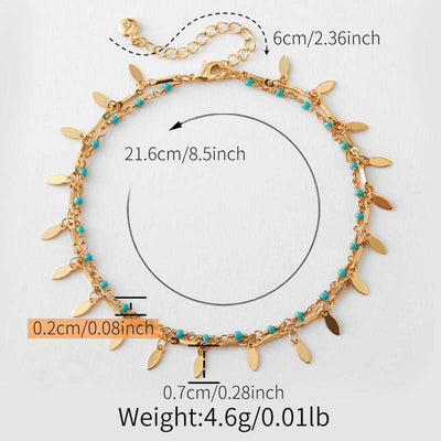 Beach layered retro copper plating 18K gold anklet with turquoise beads and leaf charms