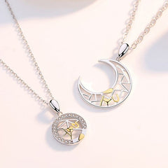 Sun Moon Tooth Necklace couple pendants with silver chains and gold accents