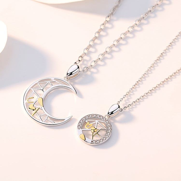 Sun Moon Tooth Necklace couple pendant set with silver chain and gold accents