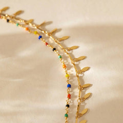 Beach layered retro copper plating 18K gold anklet with multicolor beads and gold charms