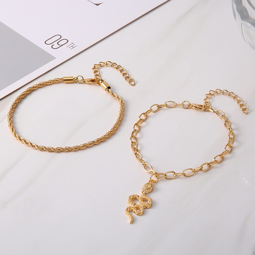 Gold double circle anklet set with fashion twist snake pendant and rope chain design