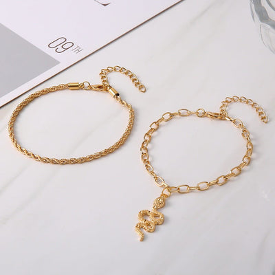 Gold double circle anklet set with fashion twist snake pendant and rope chain design
