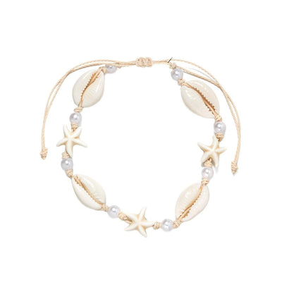 Starfish shell anklet with pearls on adjustable waterproof wax line for women