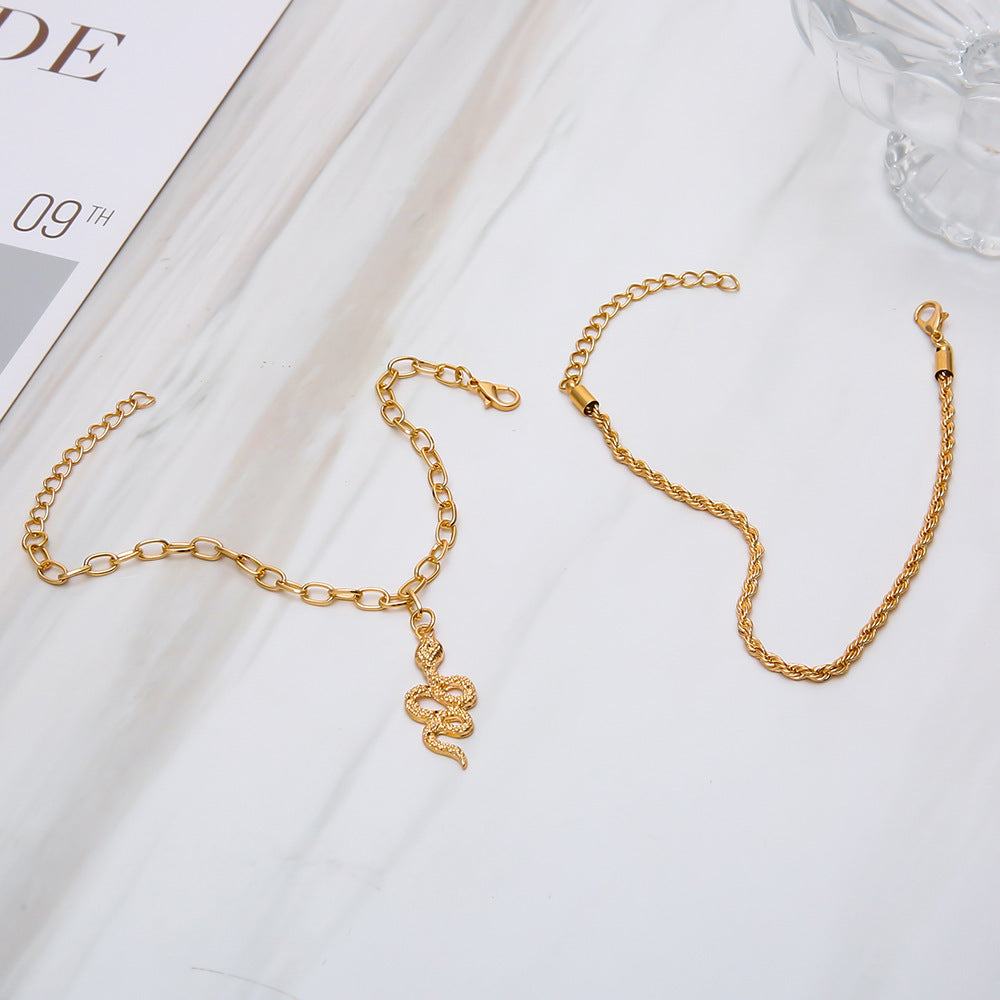 Gold double circle anklet set with fashion twist snake pendant design