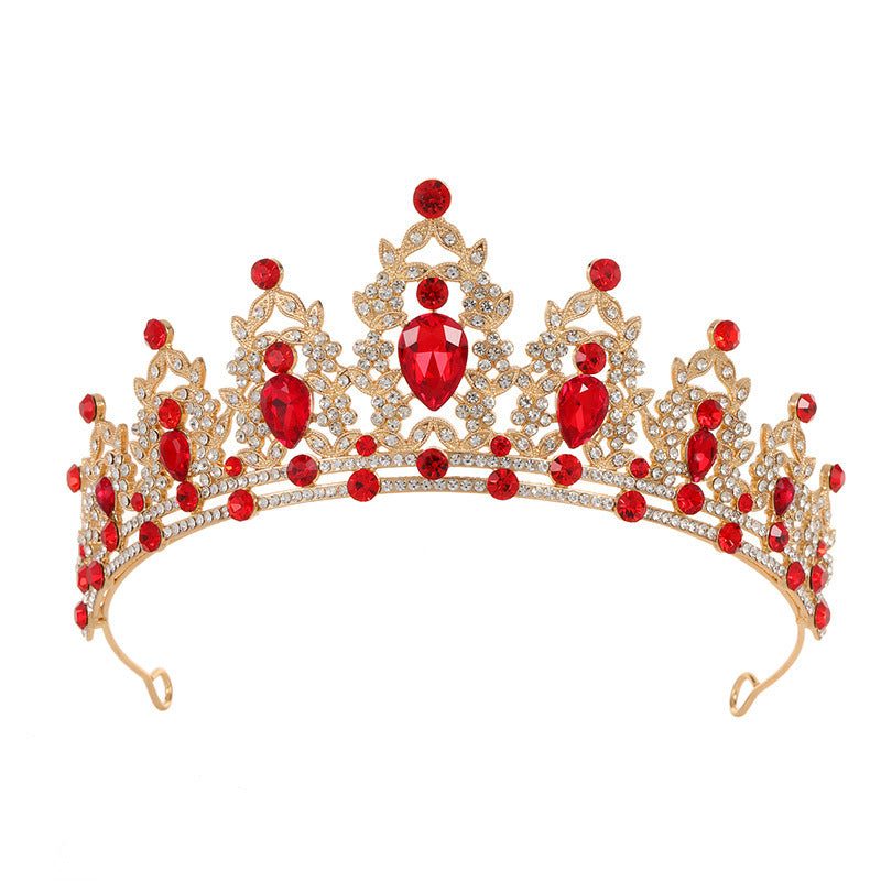 Baroque crown bride headdress with red rhinestones and gold alloy design
