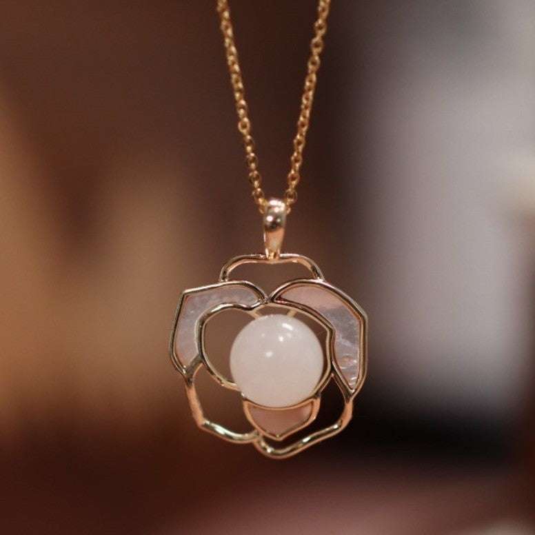 Natural Hetian White Jade pendant necklace with gold geometric camellia design for women