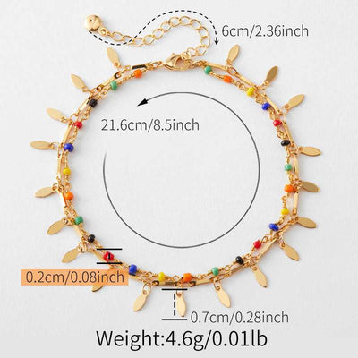 Beach layered copper plated anklet with colorful beads and 18K gold finish, adjustable length 21.6cm plus 6cm extender.