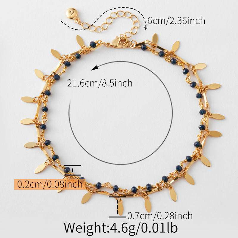 Beach layered retro copper plated 18K gold anklet with black beads and gold charms