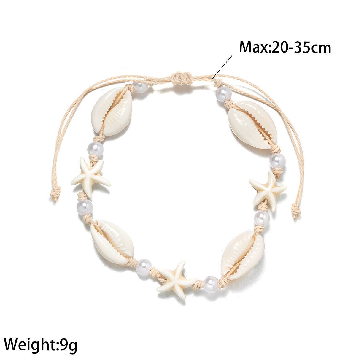 Adjustable white starfish shell anklet with pearl and waterproof wax line for women