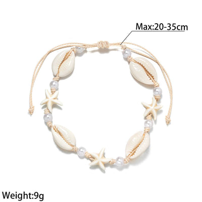 Adjustable white starfish shell anklet with pearl and waterproof wax line for women
