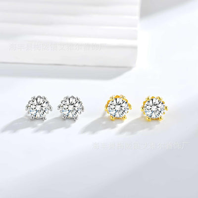 Silver and gold brass zircon stud earrings with six-claw setting in classic style