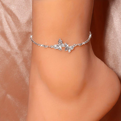 Design high-grade inlaid rhinestone butterfly anklet on ankle, silver alloy with sparkling gemstone butterflies