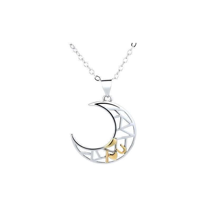 Silver crescent moon pendant necklace with gold tooth charm on chain
