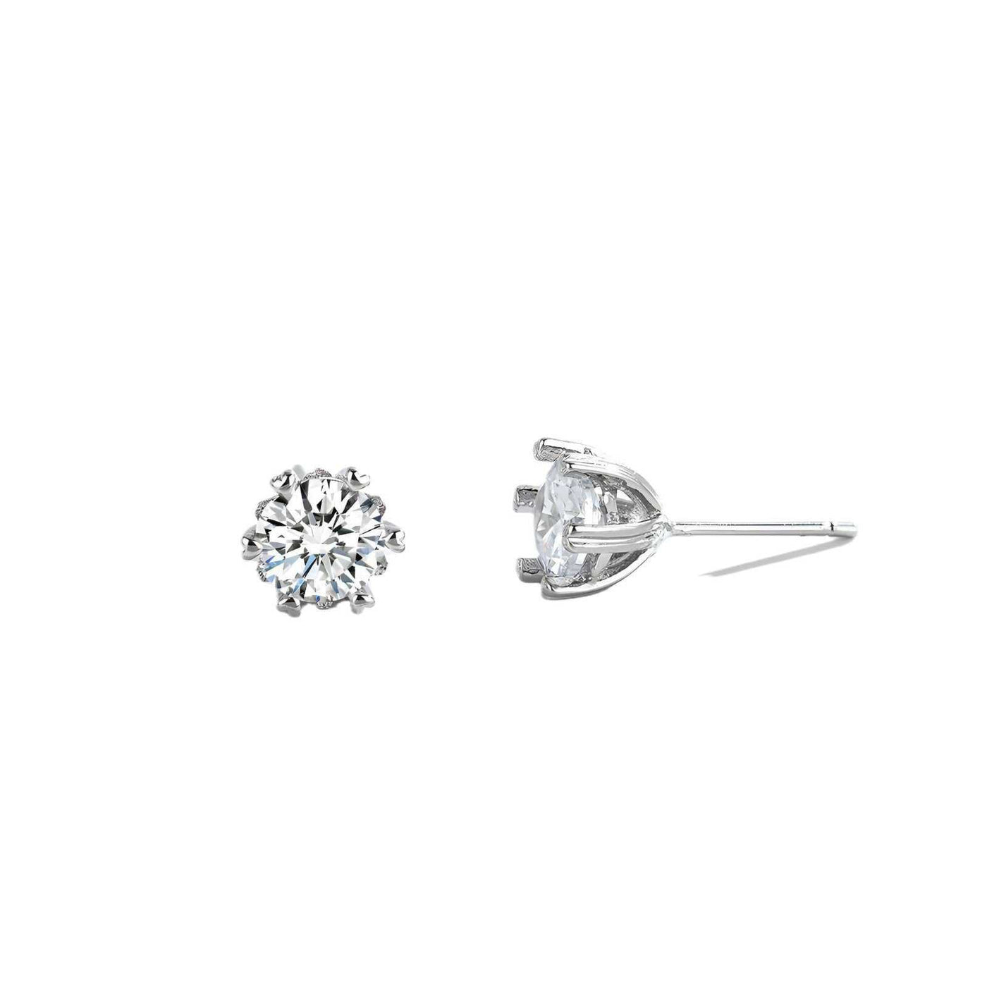 Silver brass zircon stud earrings with classic six-claw setting, round cut and elegant design