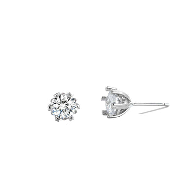 Silver brass zircon stud earrings with classic six-claw setting, round cut and elegant design