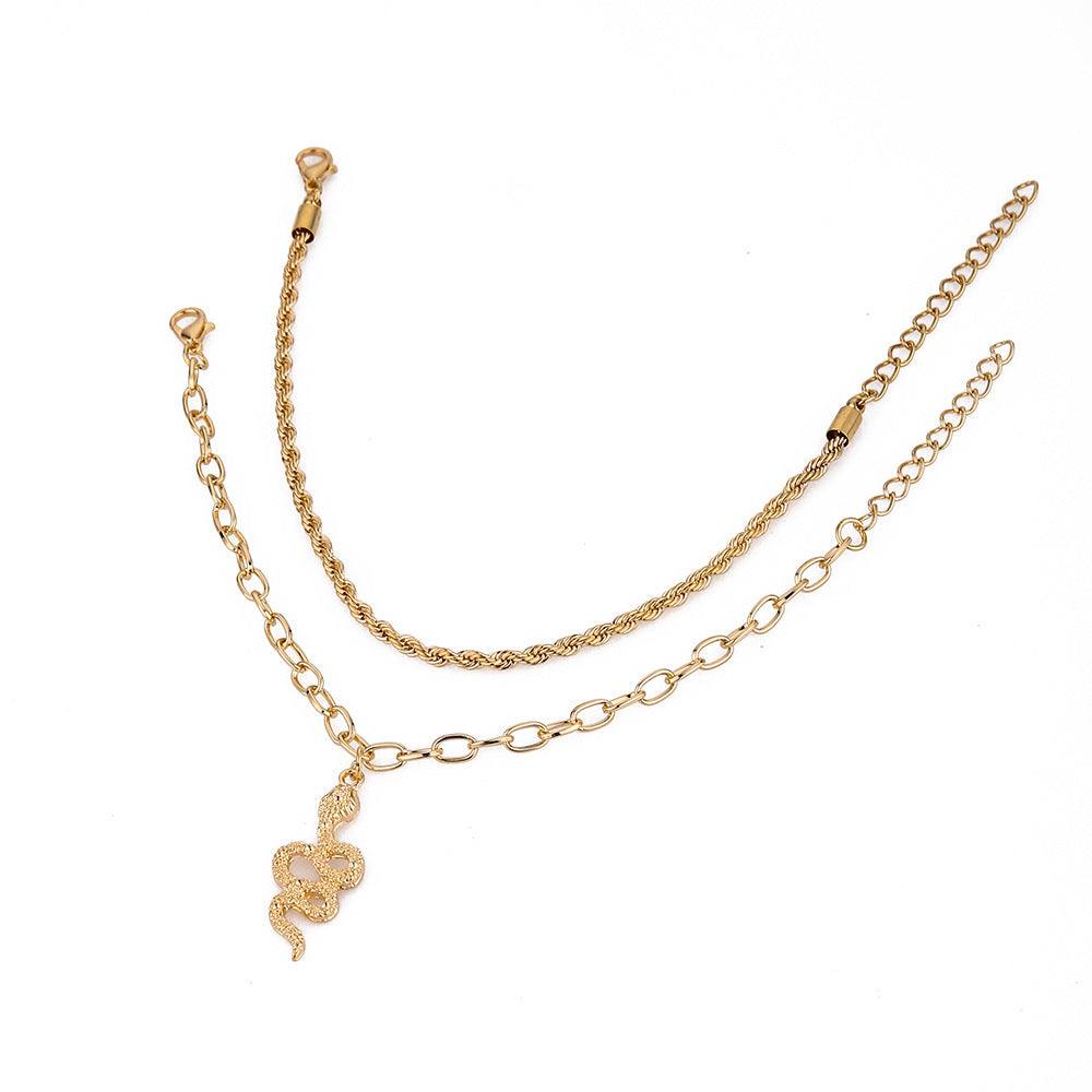 Gold fashion twist snake pendant double circle anklet set for women in alloy material