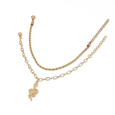 Gold fashion twist snake pendant double circle anklet set for women in alloy material