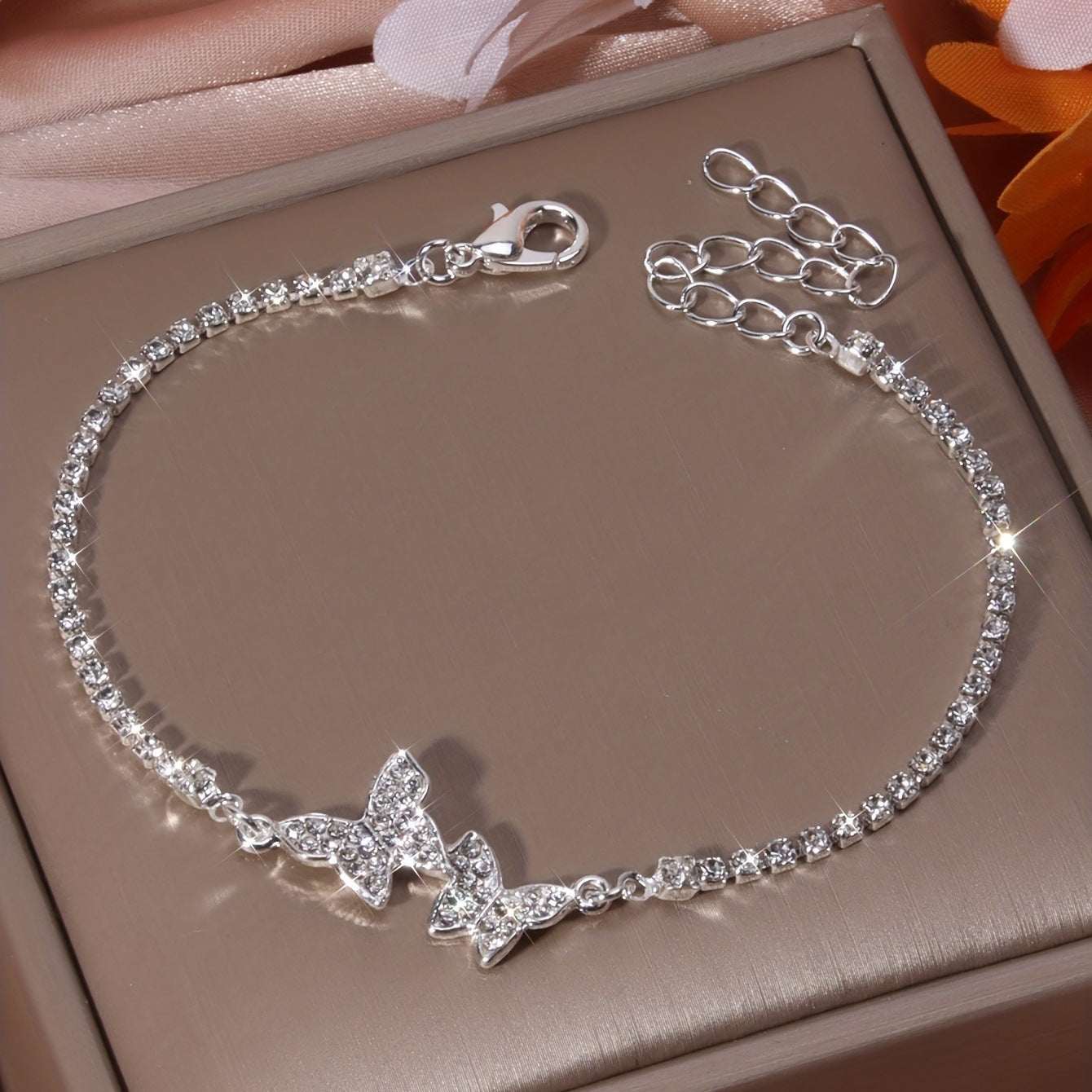 Silver butterfly anklet with inlaid rhinestones and adjustable clasp design high-grade jewelry