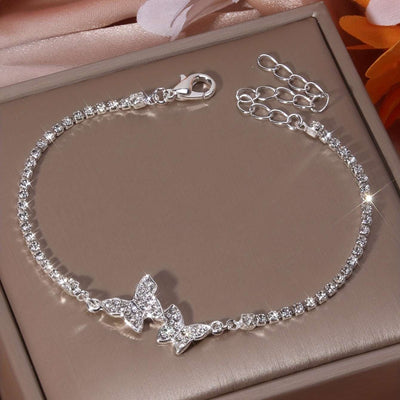 Silver butterfly anklet with inlaid rhinestones and adjustable clasp design high-grade jewelry