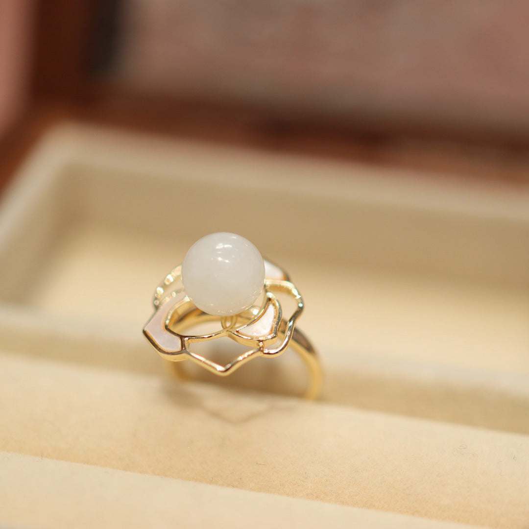 Natural Hetian white jade ring with gold flower design for women