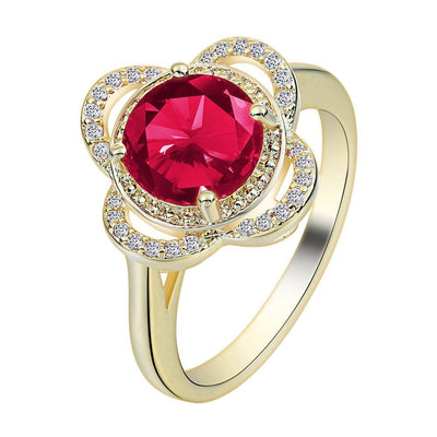 Copper inlaid zircon ring with red center stone and electroplated gold copper band in fruit shape