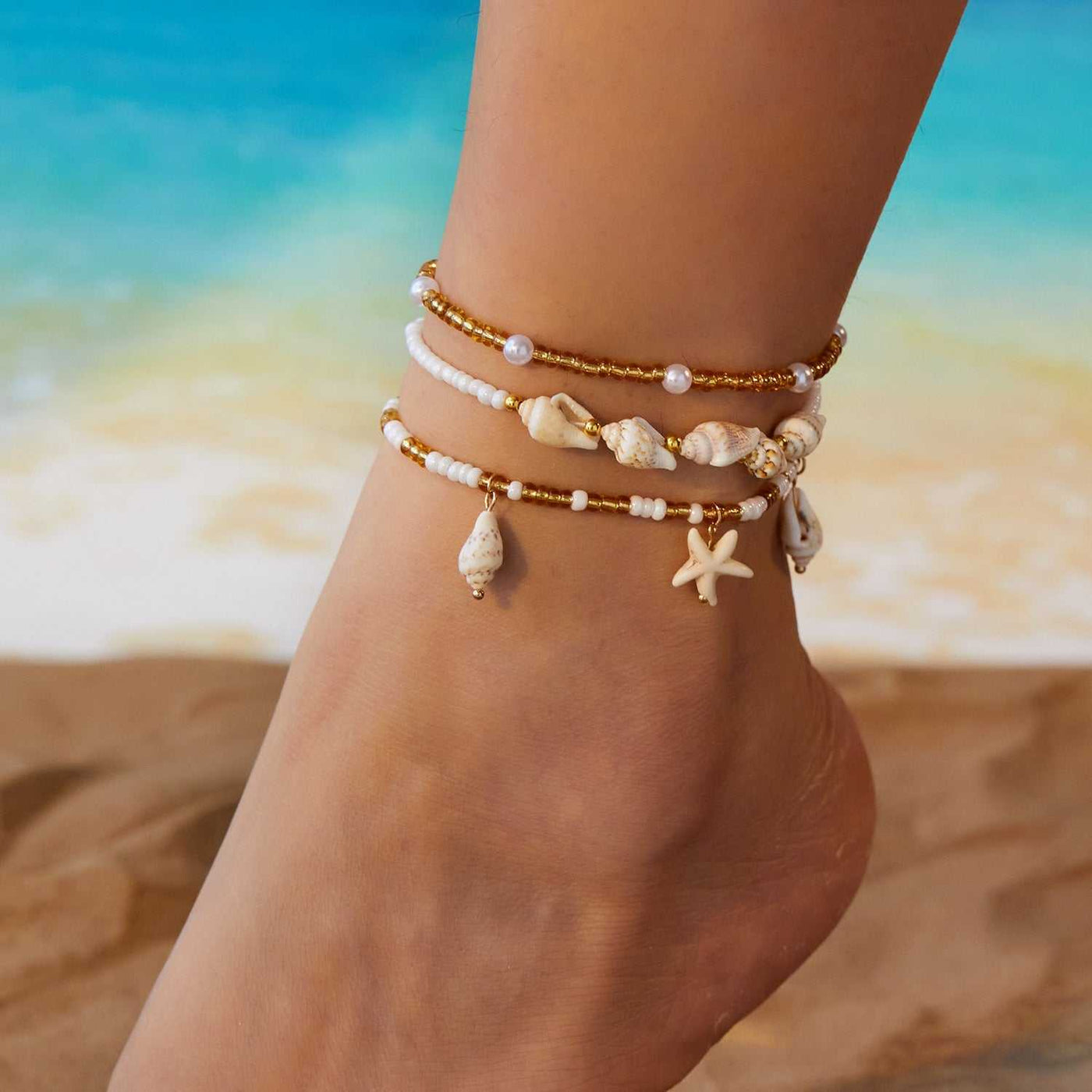 Starfish conch shell pearl multi-layer anklet on ankle beach style jewelry