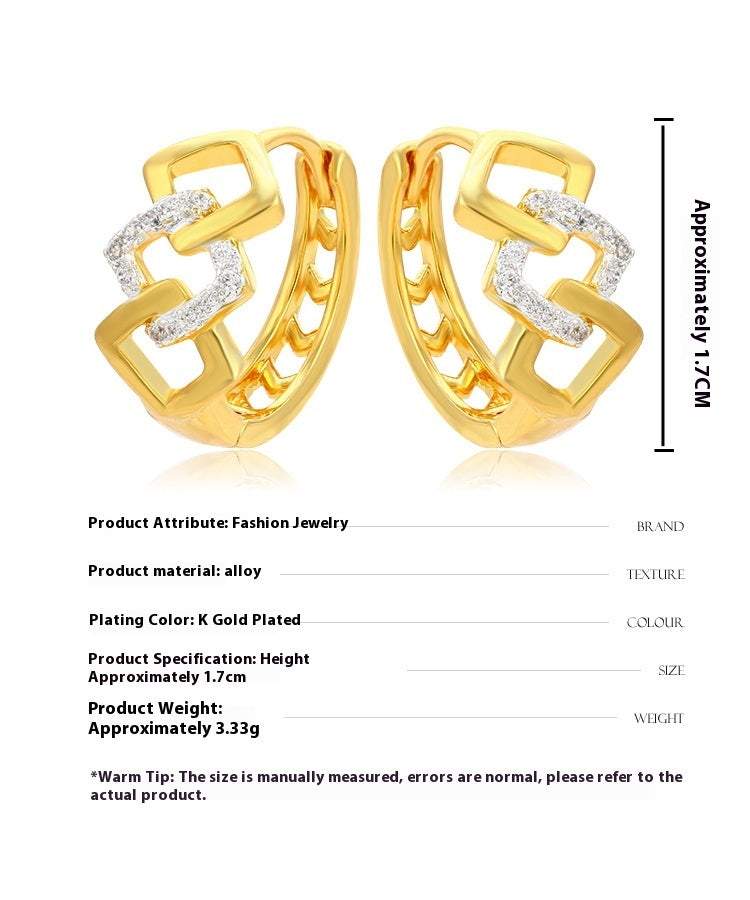 Gold plated electroplating geometric hollow-out alloy earrings with color separation ear clip design