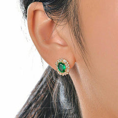 Special design fall winter green flower copper earrings with gemstone and petal details on ear