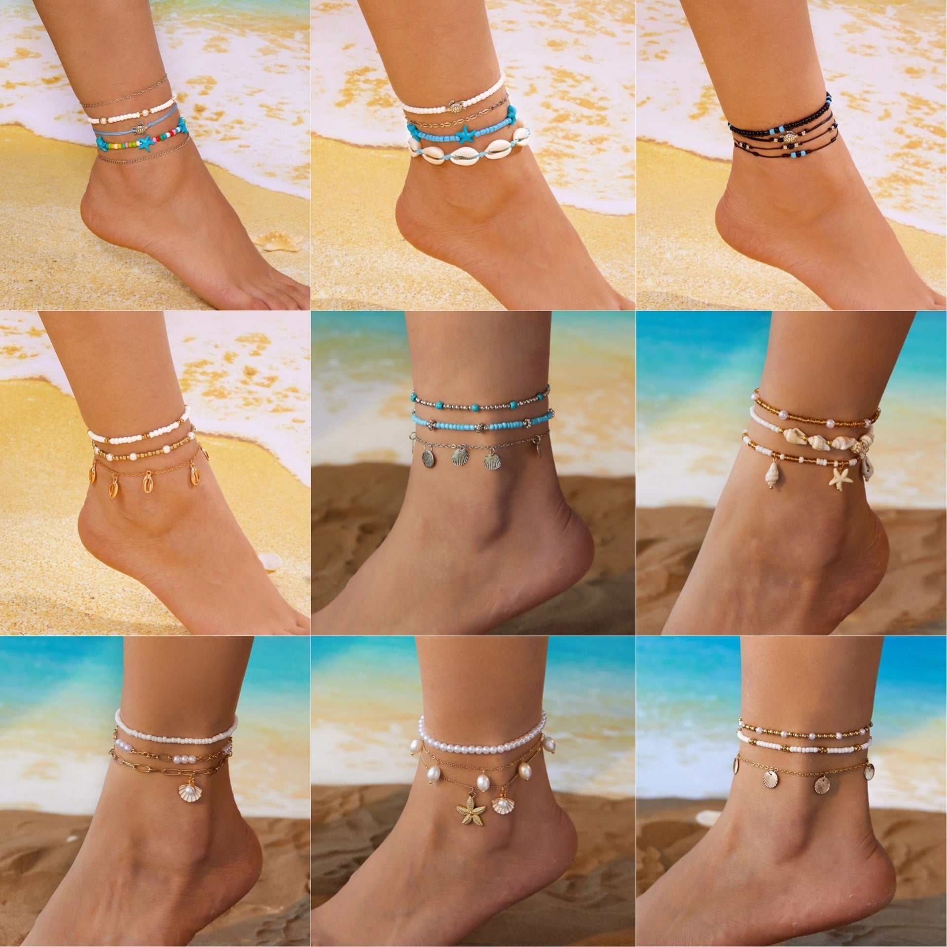 Set of starfish conch shell pearl multi-layer anklets on a beach background